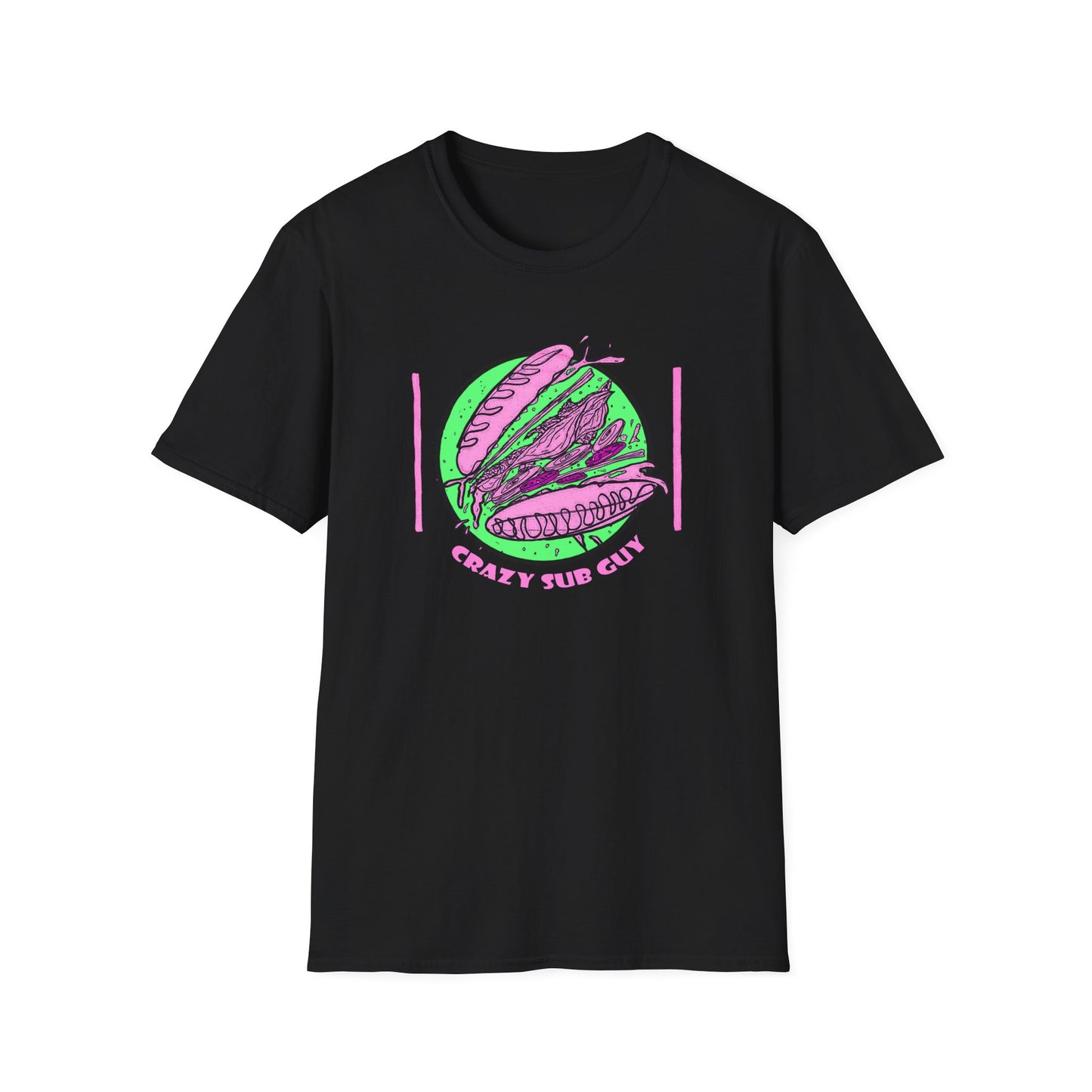 Fluorescent Crazy Sub Guy Tossed Sub Logo Unisex Softstyle T-Shirt