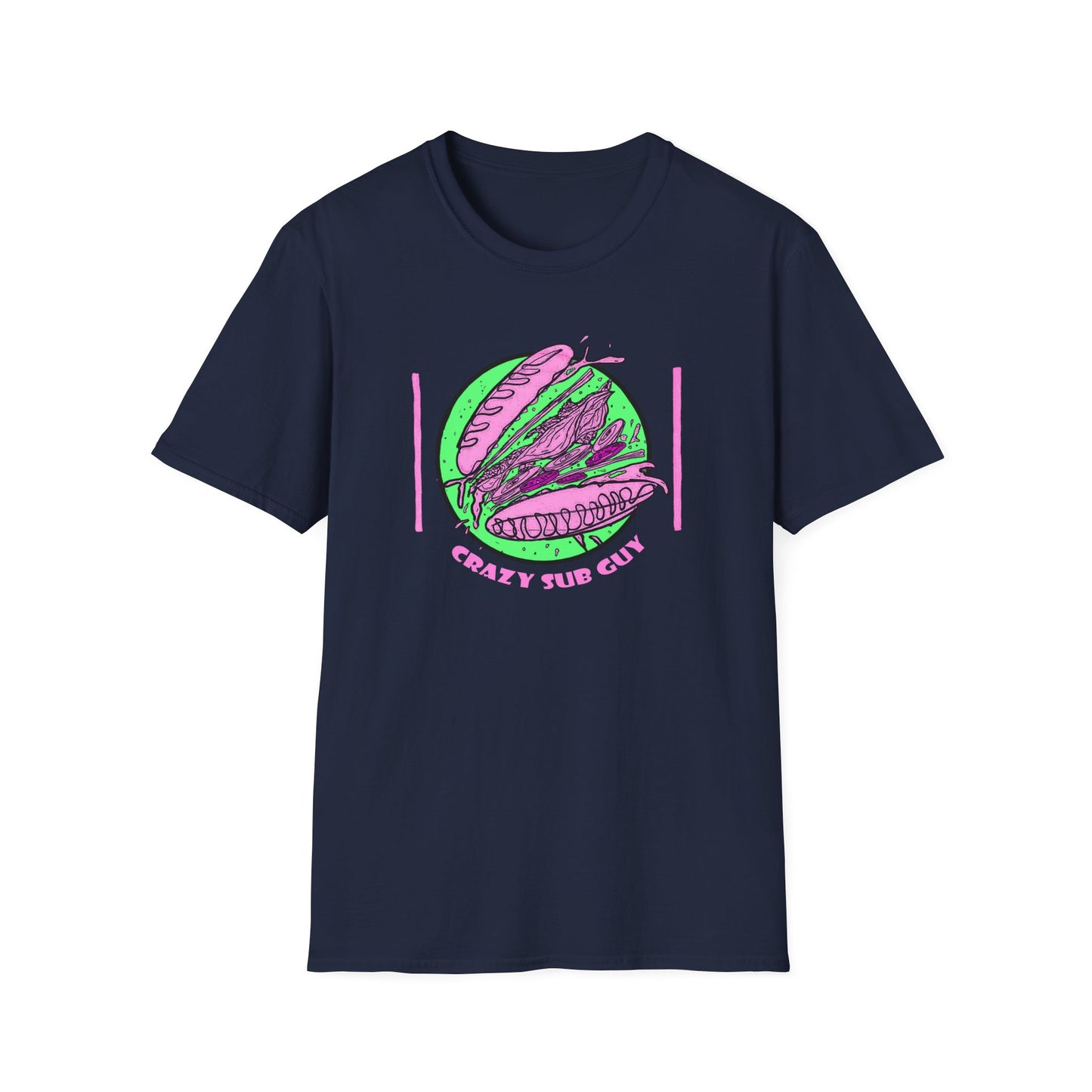 Fluorescent Crazy Sub Guy Tossed Sub Logo Unisex Softstyle T-Shirt