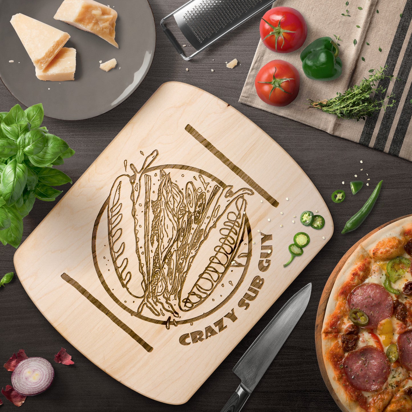 Crazy Sub Guy Tossed Sub Logo Hardwood Oval Cutting Board