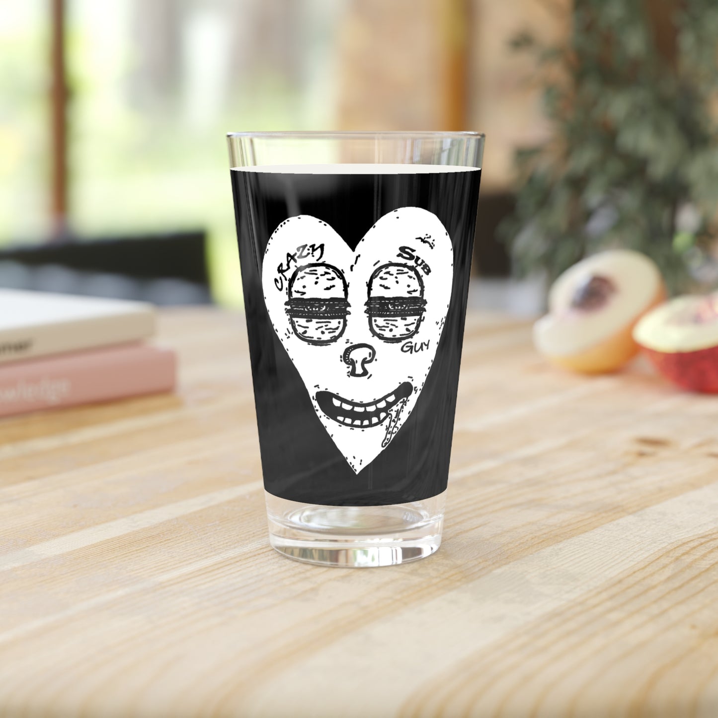 B&W Crazy Sub Guy Heart Logo Pint Glass, 16oz